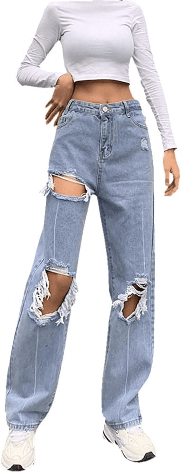 Women Ripped Boyfriends Jeans High Waist Baggy Denim Pants Wide Leg Straight Trousers Y2K Streetwear Vintage Loose Pants (Light Blue, S)