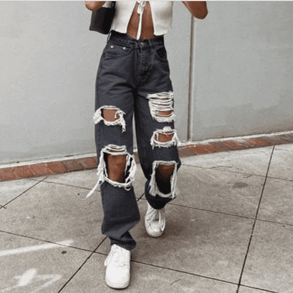 Women'S Ripped Boyfriends Jeans High Waist Wide Leg Denim Pants Vintage Loose Distressed Straight Jeans with Pockets - Image 2