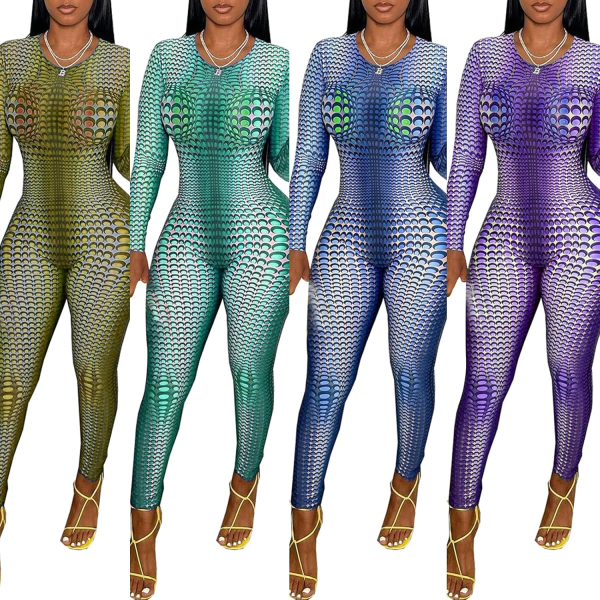 Women Sexy Bodycon Jumpsuits Dots Printed Rompers Slim Fit Long Sleeve O-Neck Overalls Club Bodysuit (Purple, Large) - Image 5