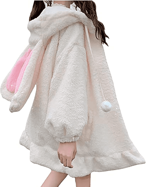 Womens and Girls Cute Hoodies, Winter Fashion Cartoon Design Plush Warm Solid Jacket Coat with Bunny Ear Hood - Image 3