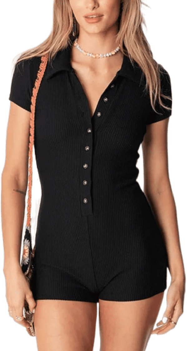 Women’S Sexy Y2K Short Sleeve Bodycon Jumpsuit Short Sleeve Button down Collared Romper One Piece Shorts Playsuit