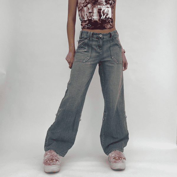 Women Low Waisted Wide Leg Denim Jeans Aesthetic Vintage Baggy Pockets Pants Casual Trousers Y2K E-Girl Streetwear Small - Image 3