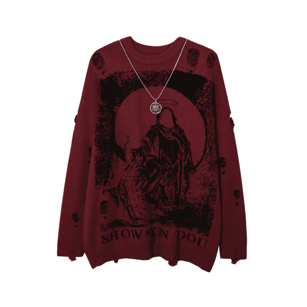 With Necklace Ripped Oversized Sweaters Frayed Knitted Black Goth Men Y2K Grunge Women Vintage Sweater Harajuku Tops Pullovers