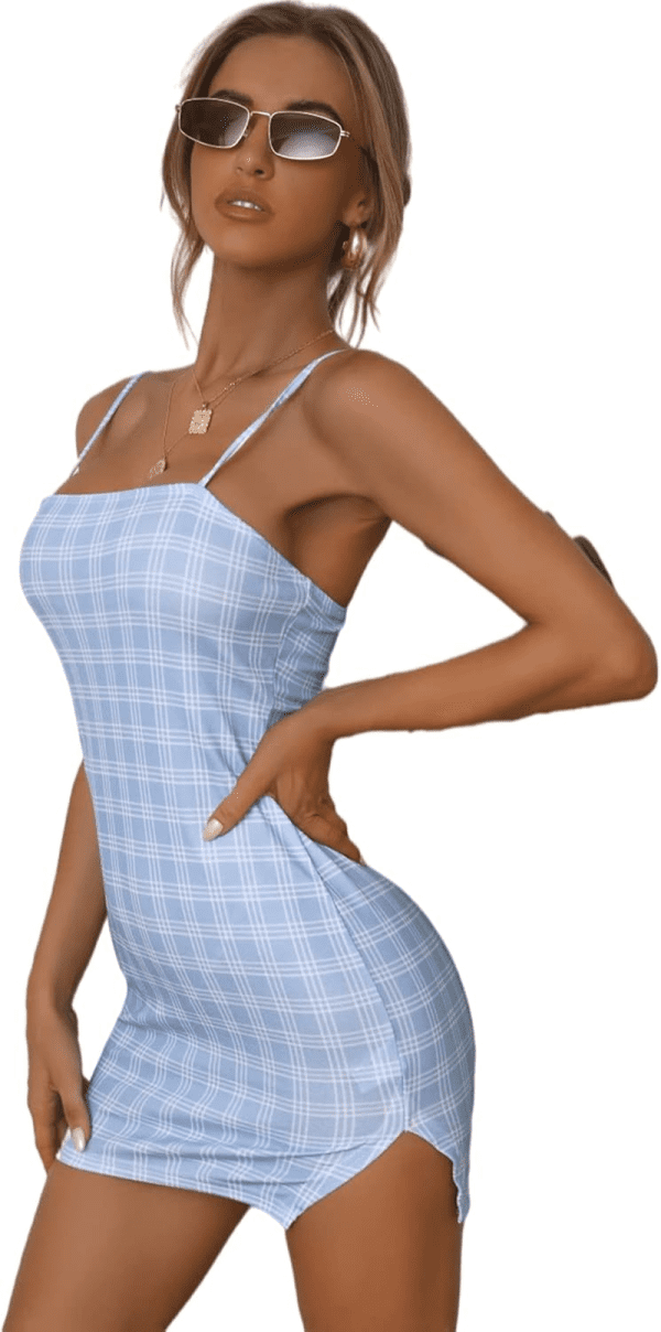 Women'S Spaghetti Strap Plaid Bodycon Short Slip Dress Blue M