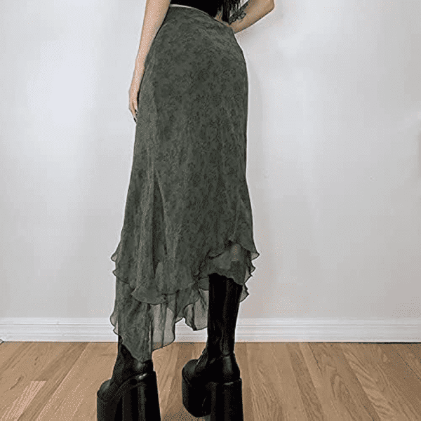 Women Fairy Grunge Skirt Vintage Y2K Midi Skirts Aesthetic Fall Streetwear Green S - Image 3