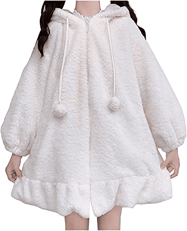 Womens and Girls Cute Hoodies, Winter Fashion Cartoon Design Plush Warm Solid Jacket Coat with Bunny Ear Hood