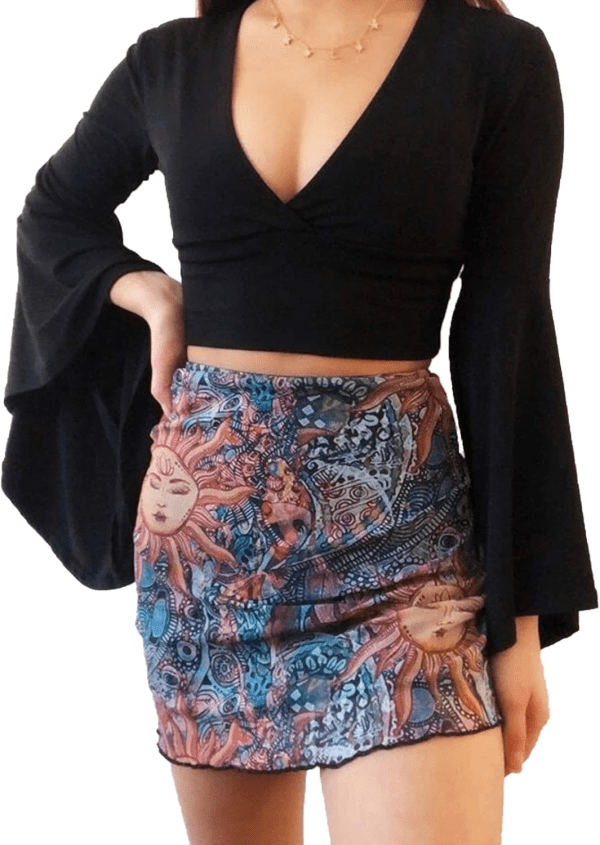 Women'S Bohemian Mini Skirt Elastic High Waist Graphic Mesh Bodycon Mini Skirt Y2K Aesthetic Skirt (F-Brown, Small) - Image 2