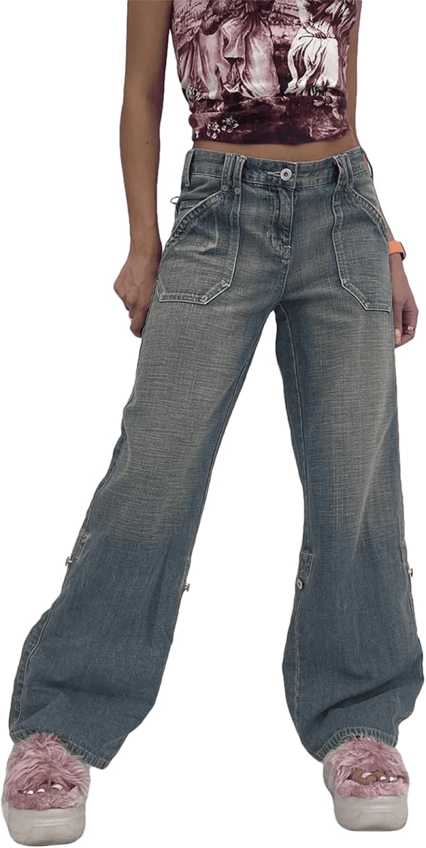 Women Low Waisted Wide Leg Denim Jeans Aesthetic Vintage Baggy Pockets Pants Casual Trousers Y2K E-Girl Streetwear Small