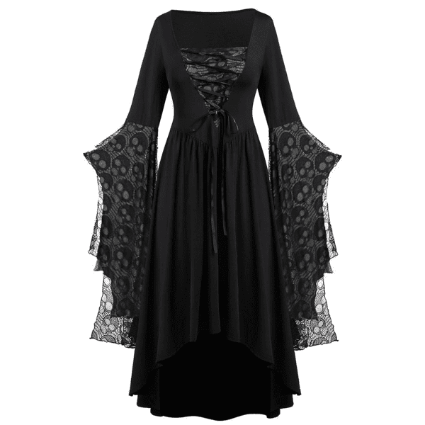 Womens Gothic Hooded Dres Large Size Vintage Gothic Costume Ball Gown Lace-Up Gothic Lace Print Long Sleeve Bandage Retro Long Dress Black_B XXXXL