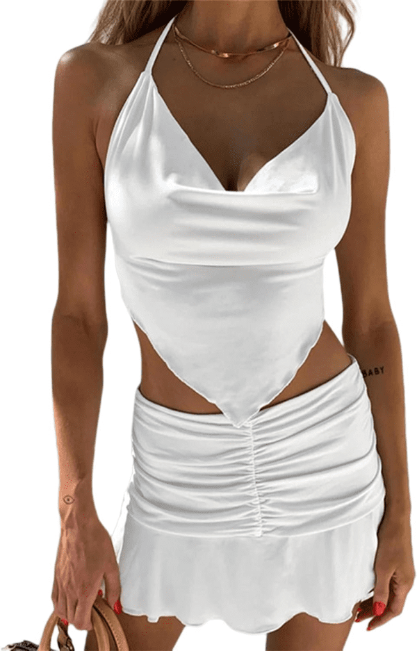 Women'S 2 Piece Outfit Halter Cami Crop Top and Ruched Ruffle Mini Skirt Set White Large