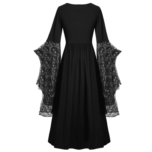 Womens Gothic Hooded Dres Large Size Vintage Gothic Costume Ball Gown Lace-Up Gothic Lace Print Long Sleeve Bandage Retro Long Dress Black_B XXXXL - Image 3