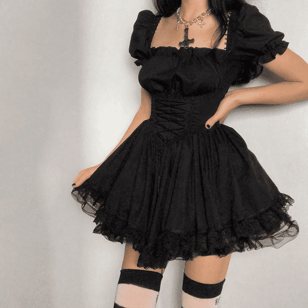 Women'S Gothic Lolita Mini Dresses Vintage Punk Puff Sleeve a Line Swing Short Goth Dress - Image 4