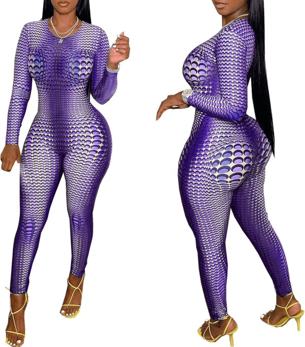 Women Sexy Bodycon Jumpsuits Dots Printed Rompers Slim Fit Long Sleeve O-Neck Overalls Club Bodysuit (Purple, Large) - Image 4