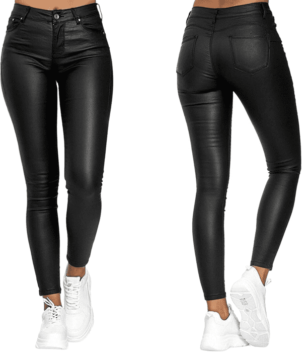 Womens Girls Faux Leather High Waisted Zip up PU Leggings Sexy Slim Fit Pants Skinny Button Tights Trousers with Pockets - Image 3