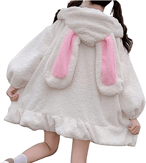 Womens and Girls Cute Hoodies, Winter Fashion Cartoon Design Plush Warm Solid Jacket Coat with Bunny Ear Hood - Image 4