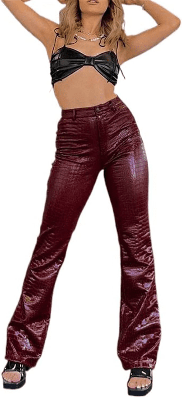 Women'S Leather Flared Pants Crocodile Print High Waist Straight Leg Bell Bottom Pants Trousers