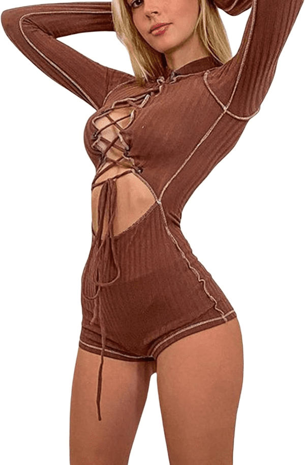 Women Sexy Bodycon Hollow Out Jumpsuit Lace up Long Sleeve Rompers Y2K Solid Color One Piece Overall Playsuit - Image 6