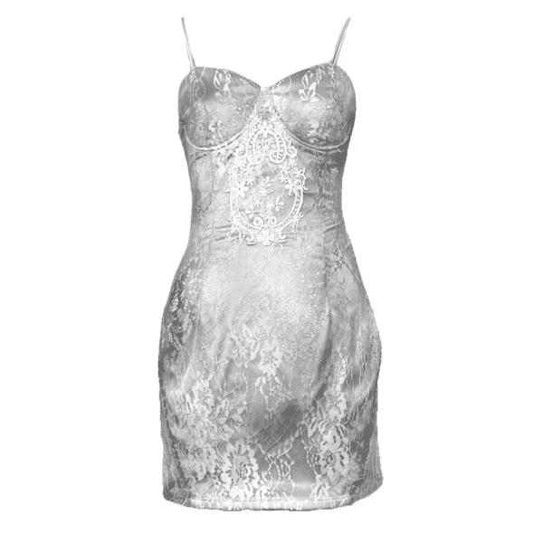 Original Design White Gothic Lace Floral Patch Slip Dress Hollow Out Sexy Mini Sheath Grunge Spaghetti Dress - Image 6