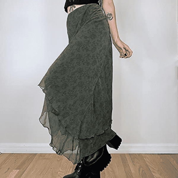 Women Fairy Grunge Skirt Vintage Y2K Midi Skirts Aesthetic Fall Streetwear Green S - Image 2