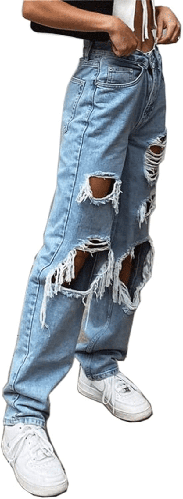 Women'S Ripped Boyfriends Jeans High Waist Wide Leg Denim Pants Vintage Loose Distressed Straight Jeans with Pockets - Image 2