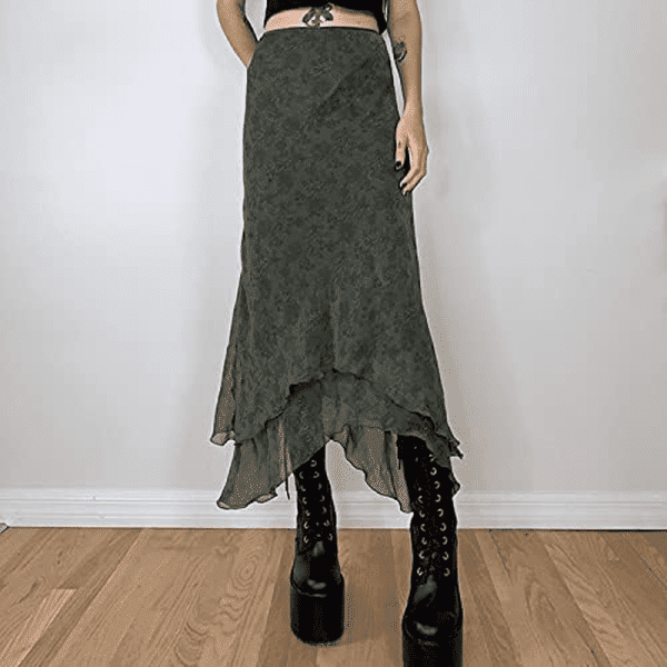 Women Fairy Grunge Skirt Vintage Y2K Midi Skirts Aesthetic Fall Streetwear Green S - Image 4