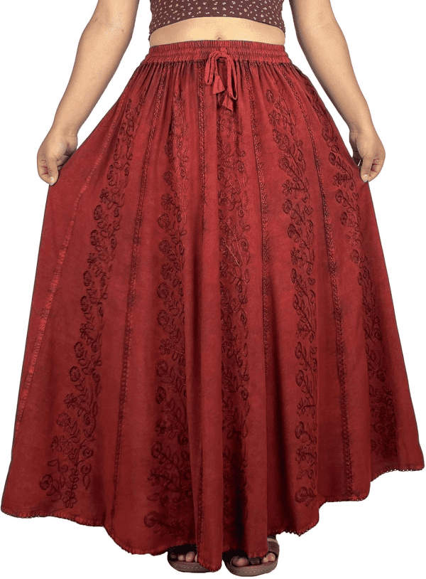 Women'S 2024 Fall a Line Flared Floral Embroidered Panel Flowy High Waisted Maxi Skirt - Image 3