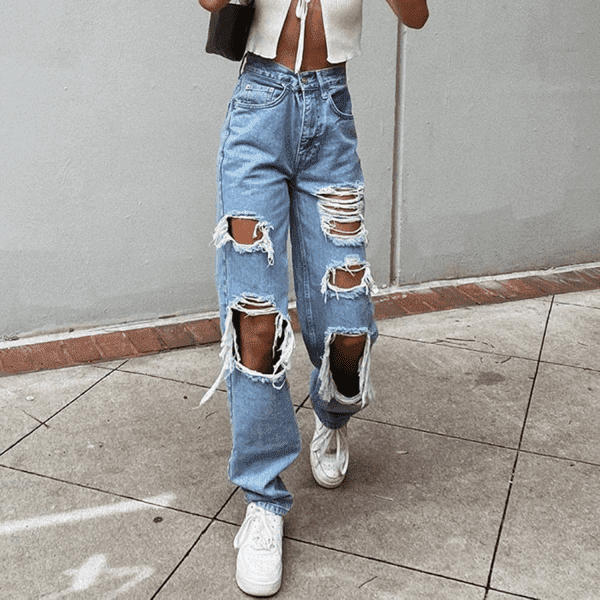 Women'S Ripped Boyfriends Jeans High Waist Wide Leg Denim Pants Vintage Loose Distressed Straight Jeans with Pockets - Image 3