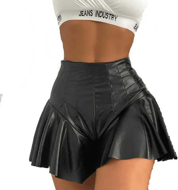 Women High Waisted Leather Shorts Wide Leg Ruffle Hem Shorts Club PU Shorts Fashion Skort Y2K Streetwear (Black, M)