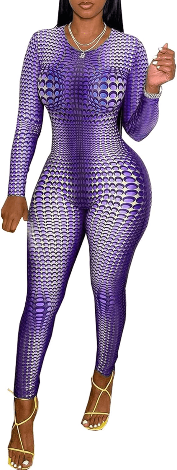 Women Sexy Bodycon Jumpsuits Dots Printed Rompers Slim Fit Long Sleeve O-Neck Overalls Club Bodysuit (Purple, Large)