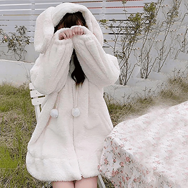 Womens and Girls Cute Hoodies, Winter Fashion Cartoon Design Plush Warm Solid Jacket Coat with Bunny Ear Hood - Image 2