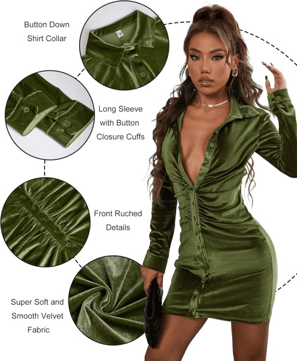 Long Sleeve Button down Dress for Women Collared Ruched Front Velvet Shirt Dress Bodycon Mini Dresses Green - Image 6