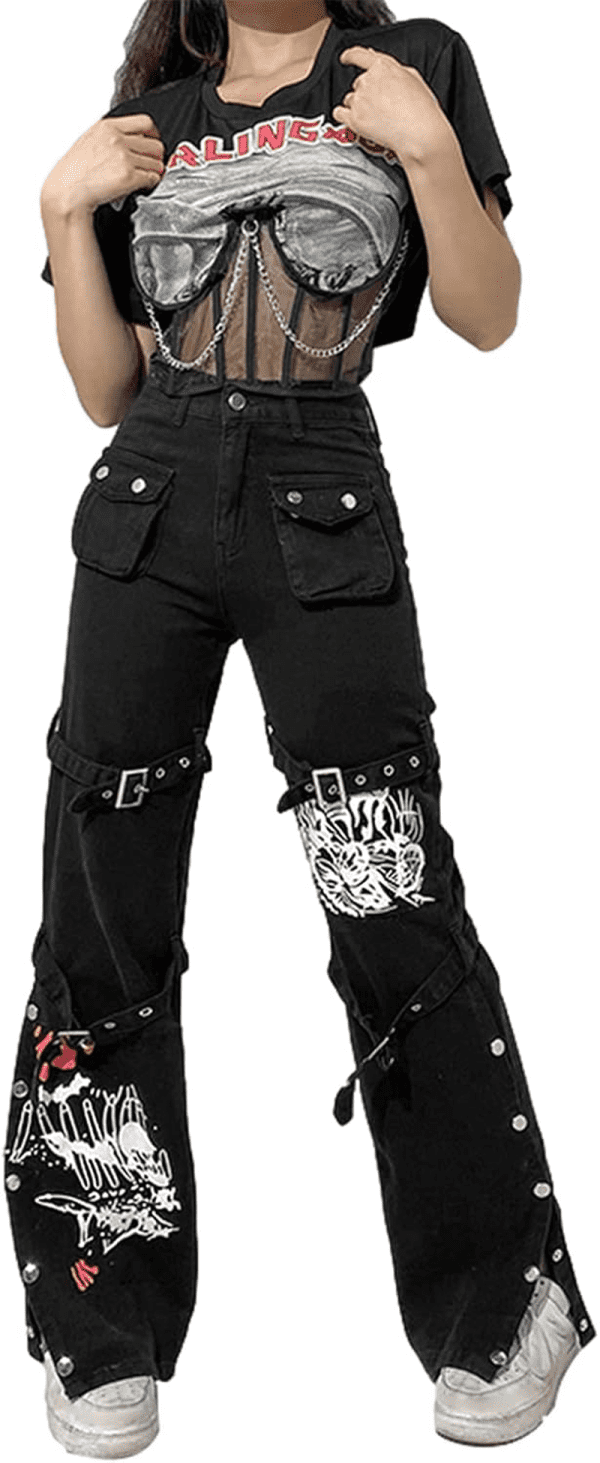 Women Y2K Wide Leg Jeans Gothic Baggy Denim Pants High Waist Punk Loose Straight Pants E Girl Streetwear - Image 2