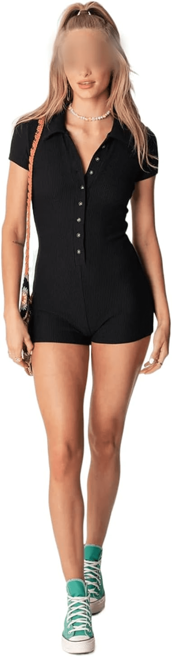 Women Sexy Jumpsuit Short Sleeve Bodycon Romper Shorts Knitted Jumpsuit Buttons One Piece Overalls Playsuit Y2K Streetwear (Black, Small)