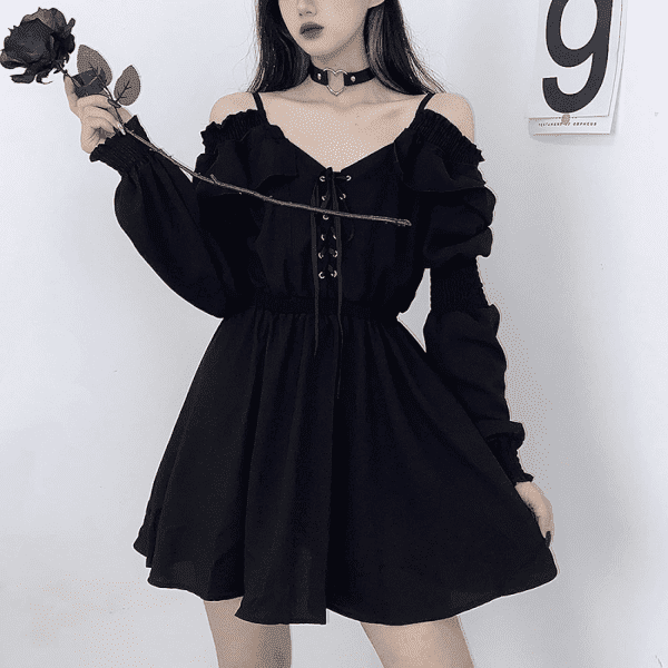 Gothic Dress Women'S Dress plus Size Lace Autumn Dress Strapless Long Sleeve Kawaii Black Dress - Image 6