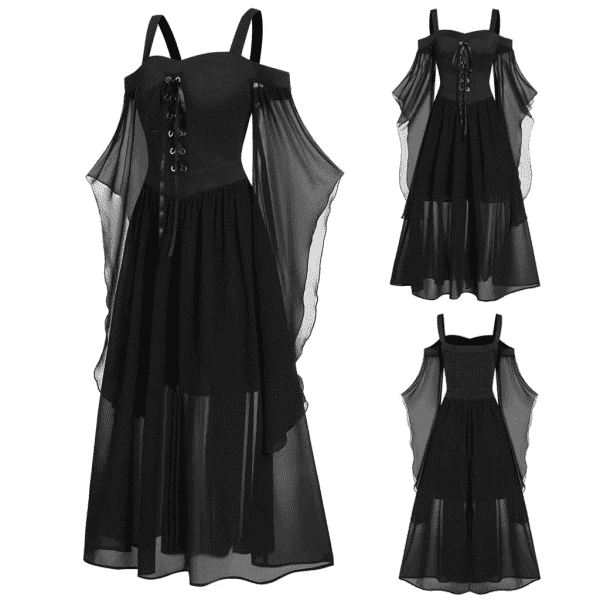 Women'S Steampunk Gothic Dress plus Size Cold Shoulder Long Dress Sweatshirt Dress Vintage Dress Sleeve Lace up Halloween Dress Black_A XXXL - Image 3