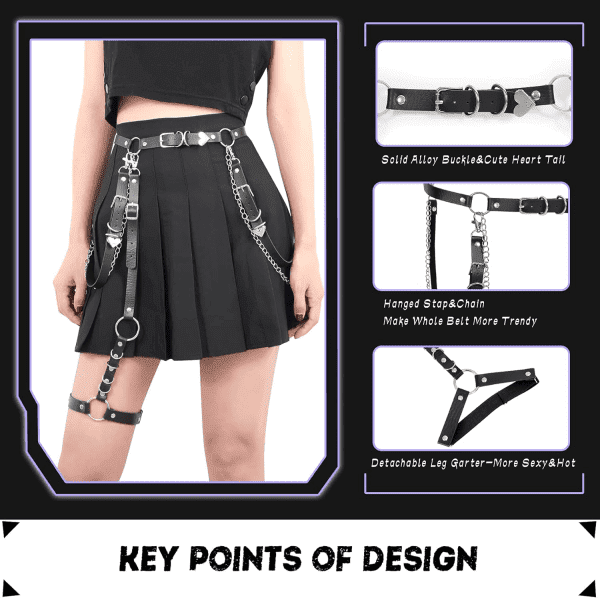 Women Punk PU Leather Belt with Chain Ladies Gothic Rock Waist Belt with Leg Garters - Image 3