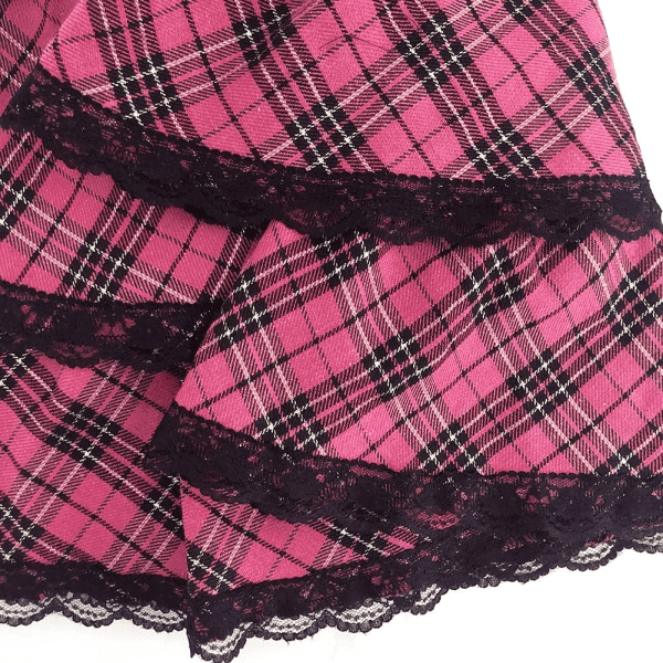 Women'S High Waisted Short A-Line Flare Gothic Black Purple Pink Plaid Pleated Skirt - Image 5