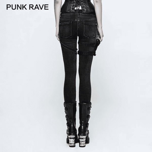 New Big Trousers Pocket Rivet Button Belt Punk Rock Jeans Lady Skinny with High Waist Black Denim Pants for Women - Image 4