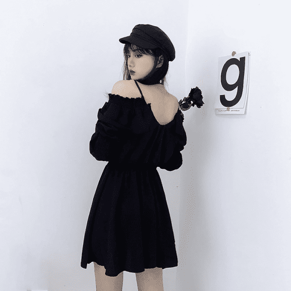 Gothic Dress Women'S Dress plus Size Lace Autumn Dress Strapless Long Sleeve Kawaii Black Dress - Image 3