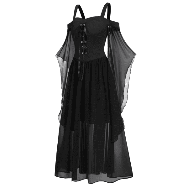 Women'S Steampunk Gothic Dress plus Size Cold Shoulder Long Dress Sweatshirt Dress Vintage Dress Sleeve Lace up Halloween Dress Black_A XXXL