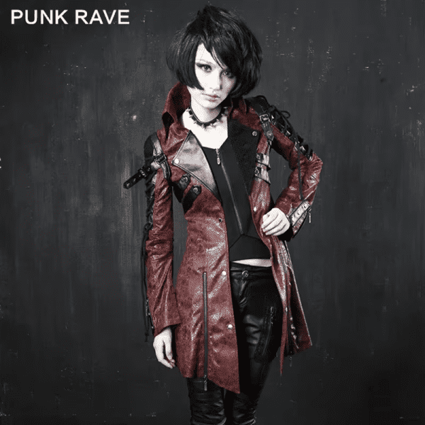 Gothic Style Women Vampire Red Punk Studded Heavy Pu Motorcycle Jacket Leather Fashion Brand Quality Long Coat - Image 2