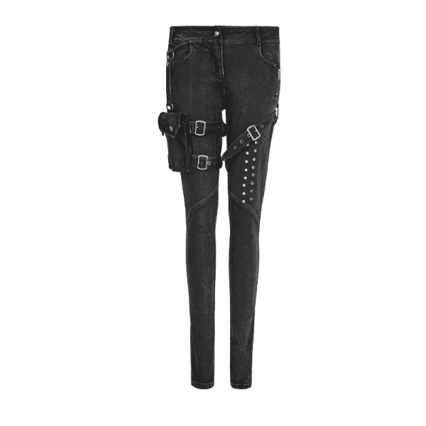 New Big Trousers Pocket Rivet Button Belt Punk Rock Jeans Lady Skinny with High Waist Black Denim Pants for Women