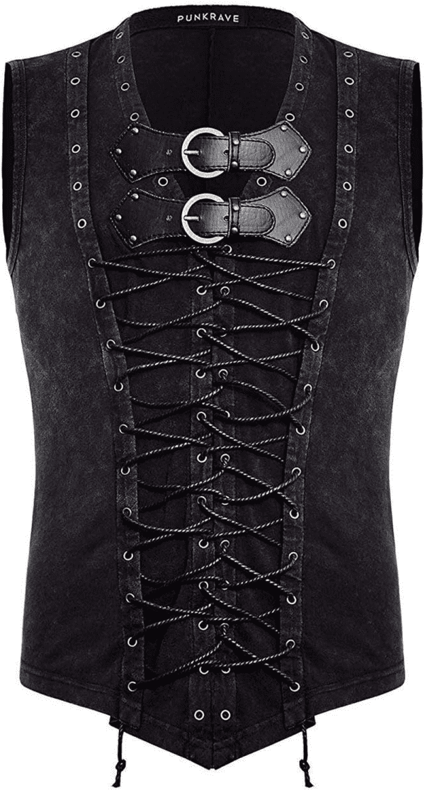 Man Cotton Leather Belt Sleeveless T-Shirt Front Strap Vest Bandage Casual Tank Tops Steampunk Vest - Image 4