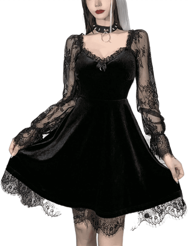 Women Gothic Lolita Dresses Black Vintage Grunge Long Sleeve Dress Lace Punk Goth Dresses(B-Black Lace,S)