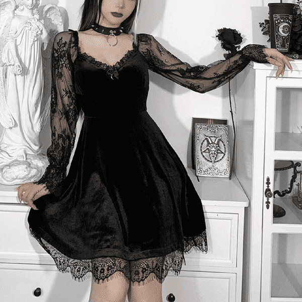 Women Gothic Lolita Dresses Black Vintage Grunge Long Sleeve Dress Lace Punk Goth Dresses(B-Black Lace,S) - Image 4