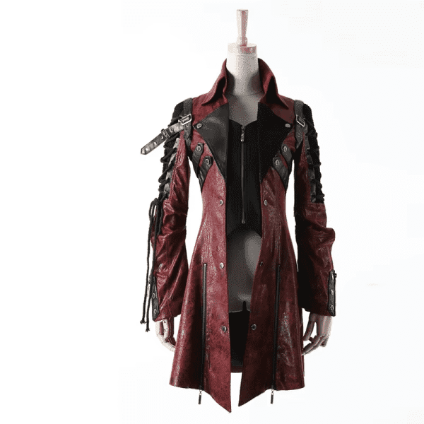 Gothic Style Women Vampire Red Punk Studded Heavy Pu Motorcycle Jacket Leather Fashion Brand Quality Long Coat - Image 8