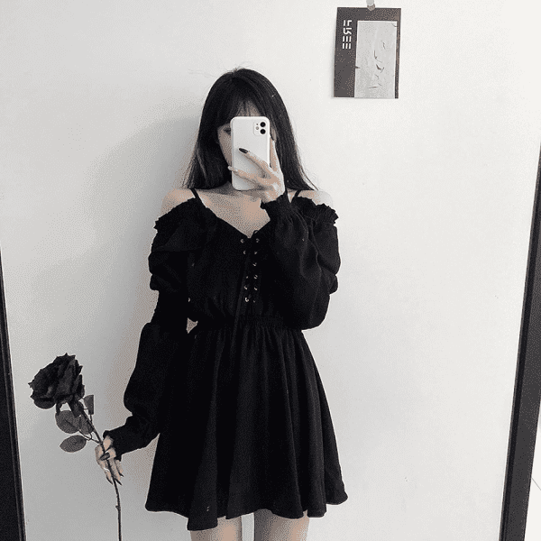 Gothic Dress Women'S Dress plus Size Lace Autumn Dress Strapless Long Sleeve Kawaii Black Dress - Image 7