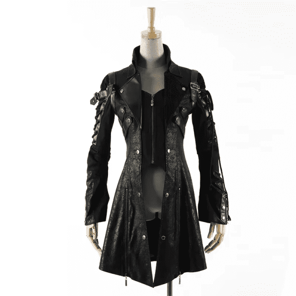 Gothic Style Women Vampire Red Punk Studded Heavy Pu Motorcycle Jacket Leather Fashion Brand Quality Long Coat