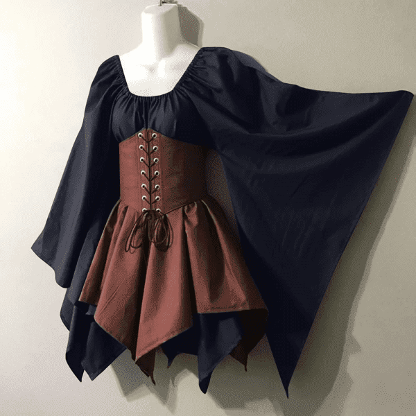 Women Medieval Renaissance Costume Dress, Vintage Cosplay Victorian Gothic Corset Dress, Gothic Vintage Court Banquet Dress, Bell Sleeves Mini Bodycon Dress with Peasant Bodice Black M - Image 2