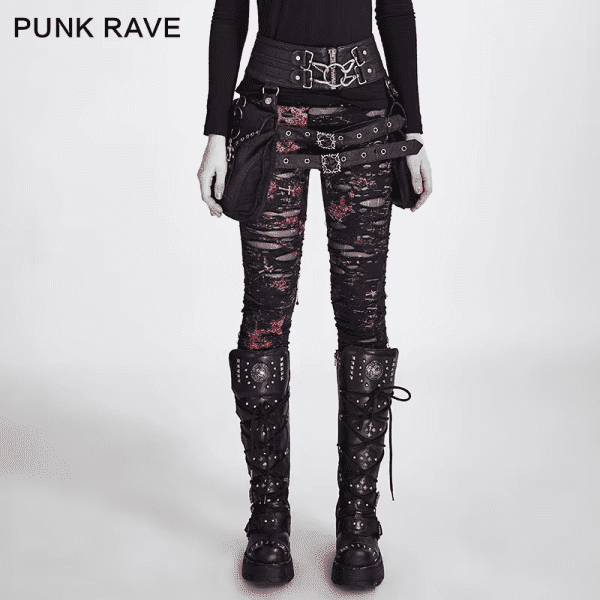 Gothic Women Broken Mesh Leggings High Elastic Holes Crocheted Breathable Ripped Pants Black Red Steampunk Charm Sexy - Image 2